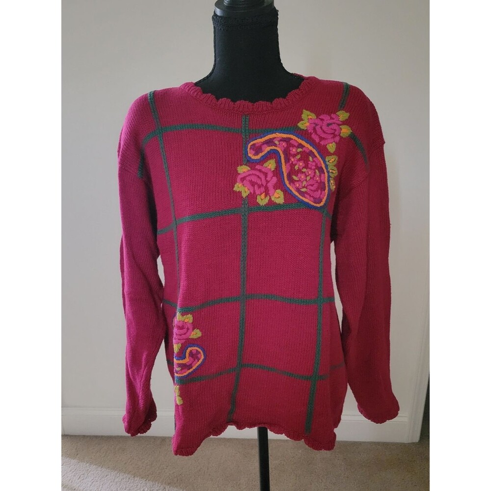 Vntg Herman Geist Hand Embroidered Knit Pullover Sweater Burgundy Buttermom M